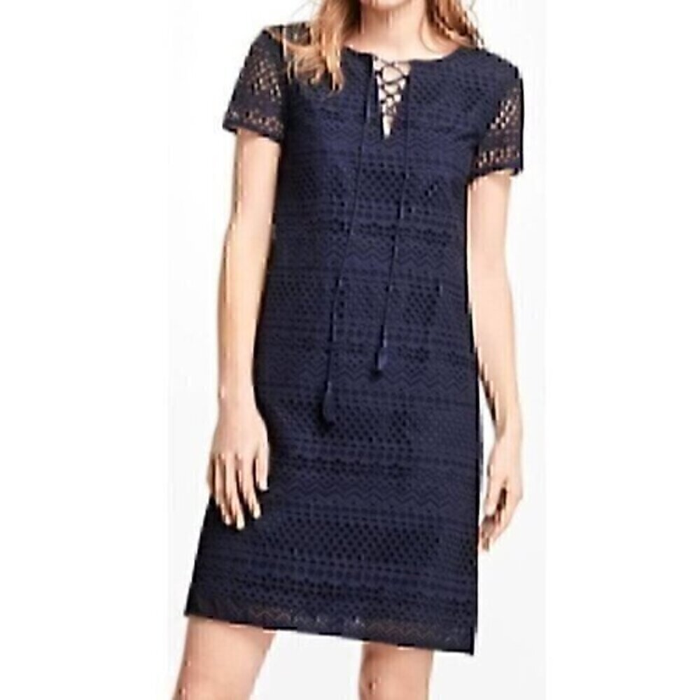 BROOKS BROTHERS Solid Navy Blue Eyelet Floral Lace Up 100% Cotton Shift Dress 2